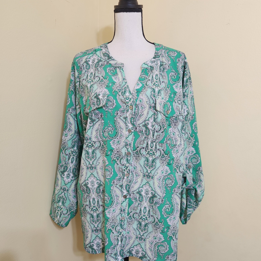 Elementz Green and Blue Graphic 3/4 Sleeve Blouse with Mandarin Collar